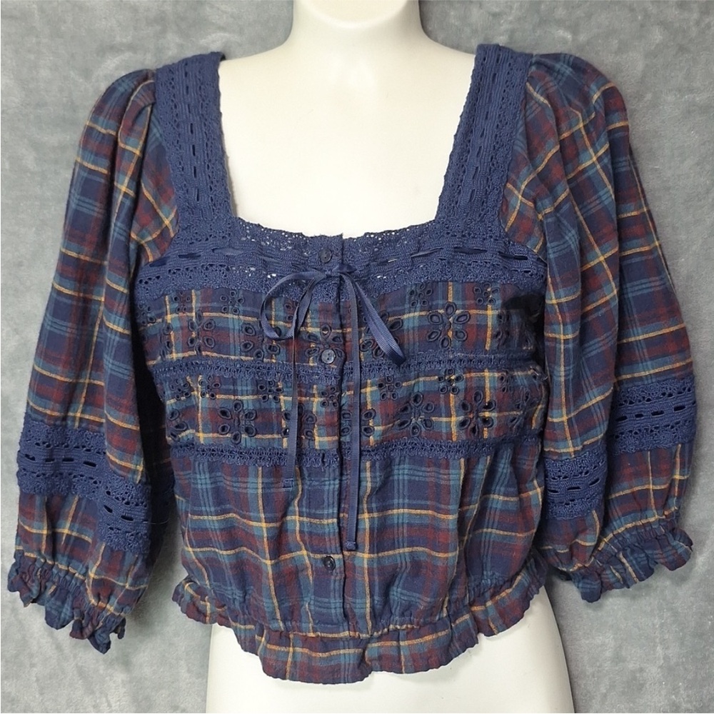 American Eagle Puff Sleeve Milk Maid Crop Top Blue Plaid Size XS Square Neckline - Picture 10 of 13